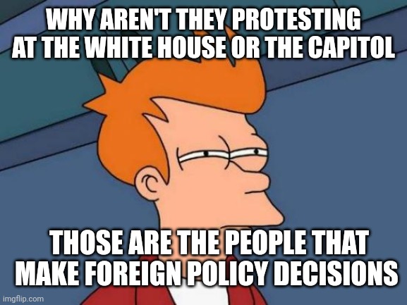 WHY AREN'T THEY PROTESTING AT THE WHITE HOUSE OR THE CAPITOL THOSE ARE THE PEOPLE THAT MAKE FOREIGN POLICY DECISIONS | image tagged in memes,futurama fry | made w/ Imgflip meme maker