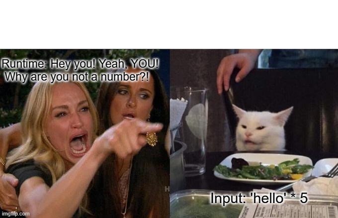 Javascript  fun | Runtime: Hey you! Yeah, YOU!
 Why are you not a number?! Input: 'hello' * 5 | image tagged in memes,woman yelling at cat | made w/ Imgflip meme maker