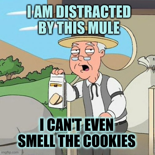 I AM DISTRACTED BY THIS MULE I CAN'T EVEN SMELL THE COOKIES | image tagged in pepperidge full screen | made w/ Imgflip meme maker