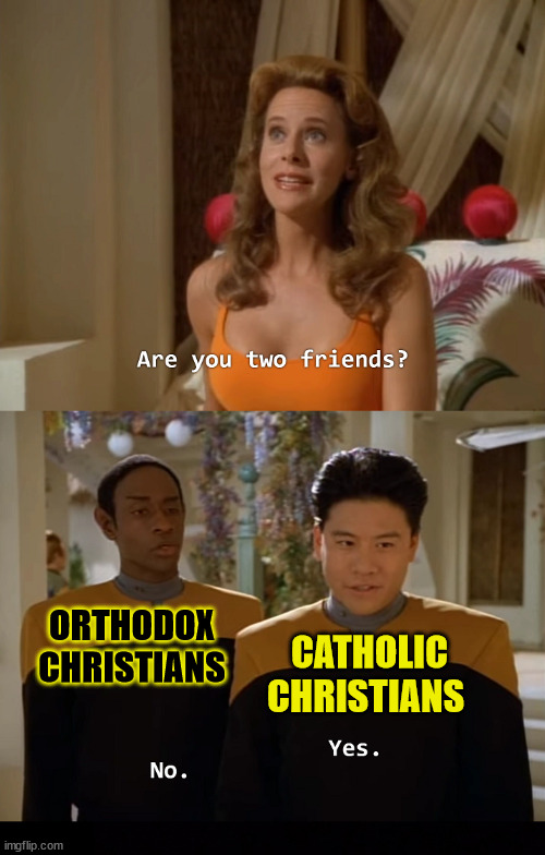 What's a little Schism between friends? | ORTHODOX CHRISTIANS; CATHOLIC CHRISTIANS | image tagged in are you two friends,dank,christian,memes,r/dankchristianmemes,schism | made w/ Imgflip meme maker