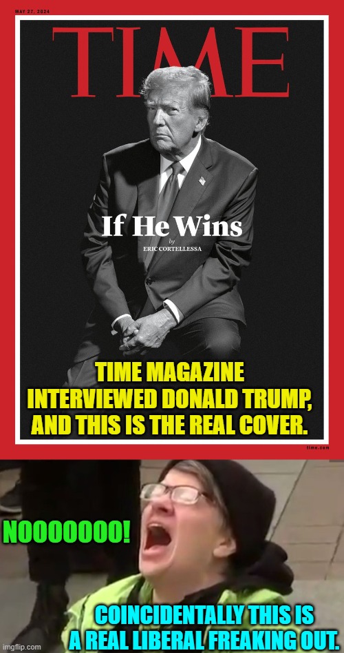Their itty bitty brains are exploding. | TIME MAGAZINE INTERVIEWED DONALD TRUMP, AND THIS IS THE REAL COVER. NOOOOOOO! COINCIDENTALLY THIS IS A REAL LIBERAL FREAKING OUT. | image tagged in yep | made w/ Imgflip meme maker