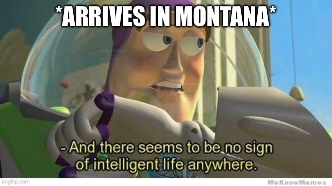 Buzz lightyear no intelligent life | *ARRIVES IN MONTANA* | image tagged in buzz lightyear no intelligent life | made w/ Imgflip meme maker
