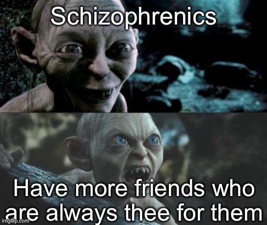 Schizophrenia | Schizophrenics; Have more friends who are always thee for them | image tagged in gollum schizophrenia | made w/ Imgflip meme maker