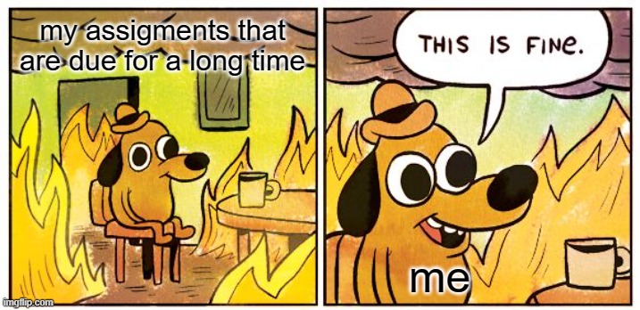 This Is Fine Meme | my assigments that are due for a long time; me | image tagged in memes,this is fine | made w/ Imgflip meme maker