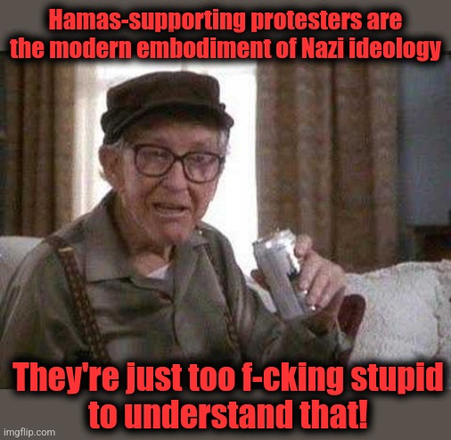 Hamas-supporting protesters are the modern embodiment of Nazi ideology They're just too f-cking stupid
to understand that! | image tagged in grumpy old man | made w/ Imgflip meme maker