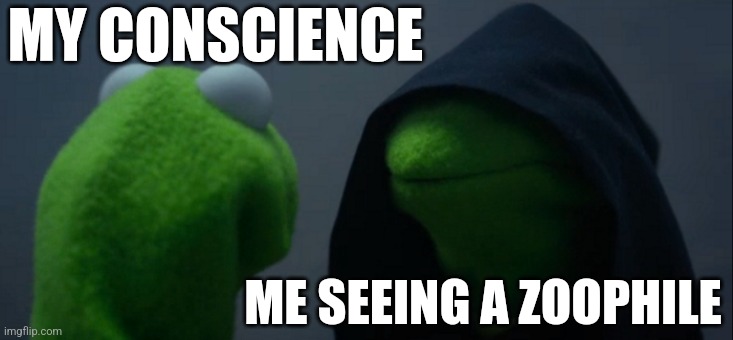 Evil Kermit | MY CONSCIENCE; ME SEEING A ZOOPHILE | image tagged in memes,evil kermit | made w/ Imgflip meme maker
