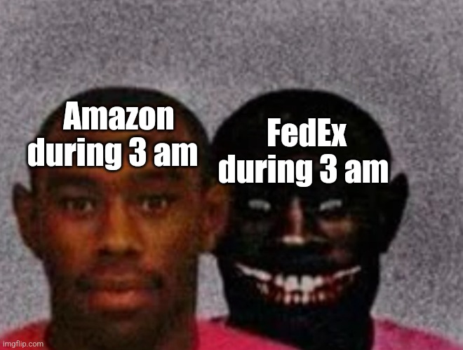 Amazon at 3am vs FedEx at 3am | Amazon during 3 am; FedEx during 3 am | image tagged in good tyler and bad tyler,3am | made w/ Imgflip meme maker
