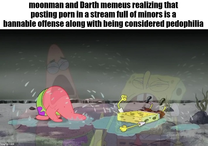 Spongebob and Patrick crying | moonman and Darth memeus realizing that posting porn in a stream full of minors is a bannable offense along with being considered pedophilia | image tagged in spongebob and patrick crying | made w/ Imgflip meme maker