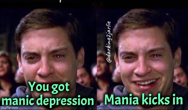 Bipolar | @darking2jarlie; You got manic depression; Mania kicks in | image tagged in tobey mcquire cry smile,bipolar,depression | made w/ Imgflip meme maker