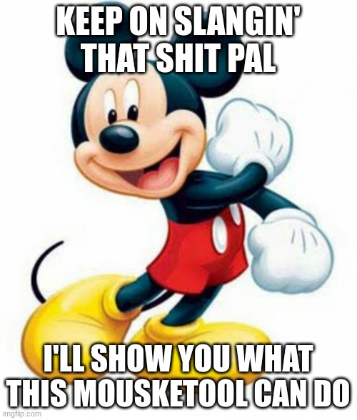KEEP ON SLANGIN' THAT SHIT PAL I'LL SHOW YOU WHAT THIS MOUSKETOOL CAN DO | image tagged in mickey mouse | made w/ Imgflip meme maker