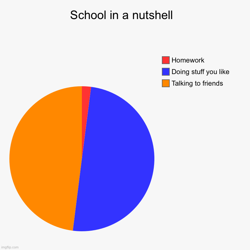 School in a nutshell  | Talking to friends , Doing stuff you like, Homework | image tagged in charts,pie charts | made w/ Imgflip chart maker