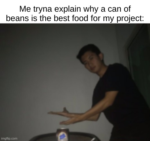 Weirdest projects in school they make us do fr fr | Me tryna explain why a can of beans is the best food for my project: | image tagged in first meme of the decade from me to y'all | made w/ Imgflip meme maker