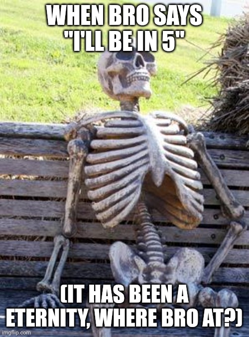 Bruh fr man :skull: | WHEN BRO SAYS "I'LL BE IN 5"; (IT HAS BEEN A ETERNITY, WHERE BRO AT?) | image tagged in memes,waiting skeleton | made w/ Imgflip meme maker