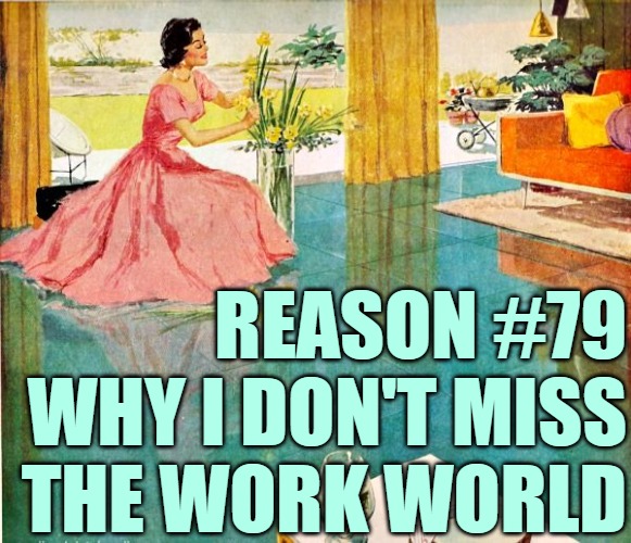REASON #79 WHY I DON'T MISS THE WORK WORLD | image tagged in 50s housewife | made w/ Imgflip meme maker