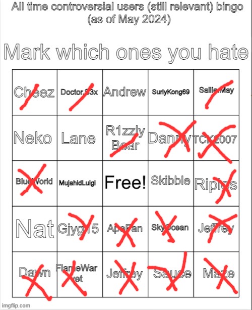 Controversial users bingo 2024 May (By Neko) | image tagged in controversial users bingo 2024 may by neko | made w/ Imgflip meme maker