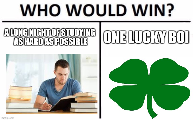 who winz | A LONG NIGHT OF STUDYING
 AS HARD AS POSSIBLE; ONE LUCKY BOI | image tagged in memes,who would win | made w/ Imgflip meme maker