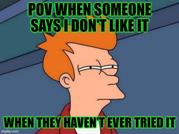 Futurama Fry | POV WHEN SOMEONE SAYS I DON'T LIKE IT; WHEN THEY HAVEN'T EVER TRIED IT | image tagged in memes,futurama fry | made w/ Imgflip meme maker