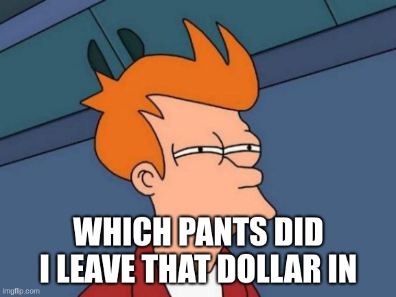 Relatable meme | WHICH PANTS DID I LEAVE THAT DOLLAR IN | image tagged in memes,futurama fry | made w/ Imgflip meme maker
