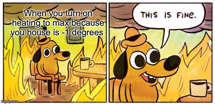 This Is Fine | When you turn on heating to max because you house is -1 degrees | image tagged in memes,this is fine | made w/ Imgflip meme maker