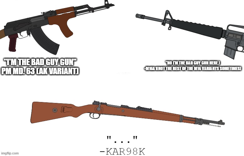 More gun Posting lol. | "NO I'M THE BAD GUY GUN HERE.)
-M16A1(NOT THE REST OF THE M16 VARIANTS SOMETIMES); "I'M THE BAD GUY GUN"
PM MD. 63 (AK VARIANT); "..."
-KAR98K | image tagged in just another white background,lol you got the point already,why are you reading the tags | made w/ Imgflip meme maker