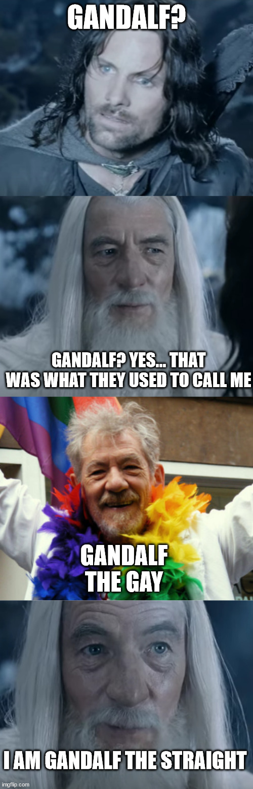 Gandalf of many colors | GANDALF? GANDALF? YES... THAT WAS WHAT THEY USED TO CALL ME; GANDALF THE GAY; I AM GANDALF THE STRAIGHT | image tagged in gandalf,aragorn,lord of the rings | made w/ Imgflip meme maker