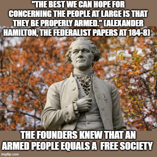 The fact that we are armed makes us uniquely free,  an armed society is a free society | "THE BEST WE CAN HOPE FOR CONCERNING THE PEOPLE AT LARGE IS THAT THEY BE PROPERLY ARMED." (ALEXANDER HAMILTON, THE FEDERALIST PAPERS AT 184-8); THE FOUNDERS KNEW THAT AN ARMED PEOPLE EQUALS A  FREE SOCIETY | image tagged in truth,2nd amendment,political meme,stupid liberals,maga,election | made w/ Imgflip meme maker