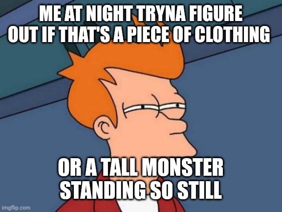Futurama Fry | ME AT NIGHT TRYNA FIGURE OUT IF THAT'S A PIECE OF CLOTHING; OR A TALL MONSTER STANDING SO STILL | image tagged in memes,futurama fry | made w/ Imgflip meme maker
