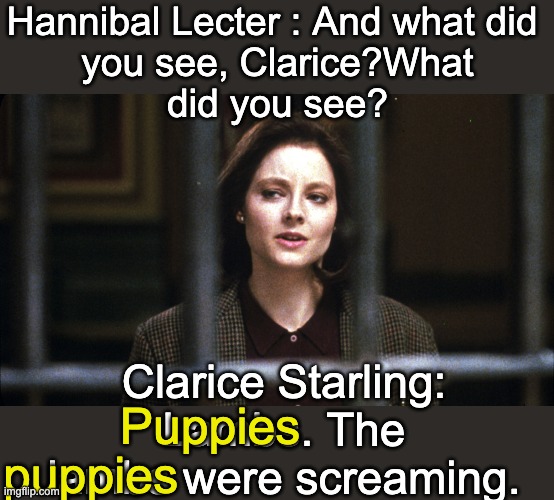 Hannibal Lecter : And what did 
you see, Clarice?What
did you see? Clarice Starling: Lambs. The lambs were screaming. puppies Puppies | image tagged in silence of the lambs | made w/ Imgflip meme maker