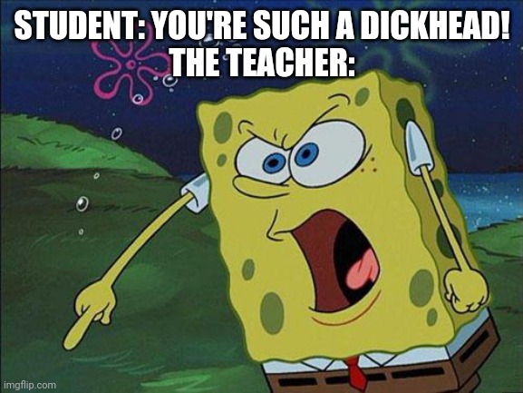spongebob | STUDENT: YOU'RE SUCH A DICKHEAD!

THE TEACHER: | image tagged in spongebob | made w/ Imgflip meme maker