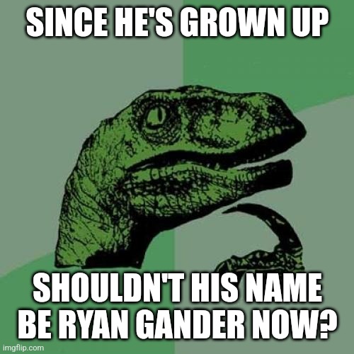 Philosoraptor | SINCE HE'S GROWN UP; SHOULDN'T HIS NAME BE RYAN GANDER NOW? | image tagged in memes,philosoraptor | made w/ Imgflip meme maker