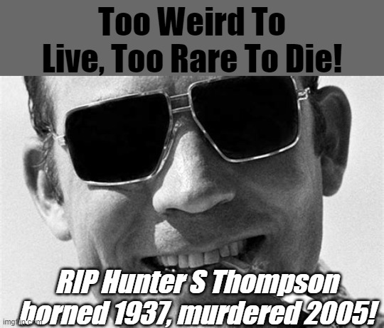 Remember Hunter! Was it suicide?!? On note he said to hate to get old... Doesn't sound right to me =/ | Too Weird To Live, Too Rare To Die! RIP Hunter S Thompson borned 1937, murdered 2005! | image tagged in conspiracy,hunter s thompson | made w/ Imgflip meme maker