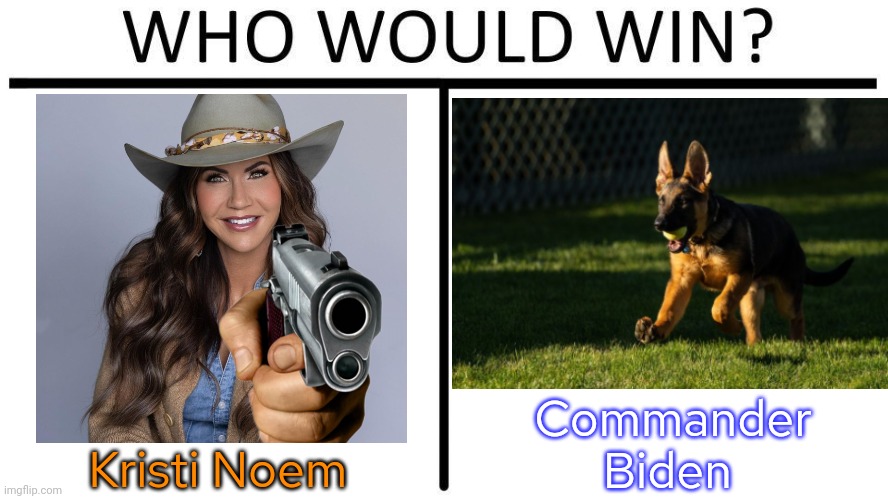 The Secret Service already learned not to mess with Commander. | Commander
Biden; Kristi Noem | image tagged in who would win,german shepherd,shooter,doge,gun violence,animal attack | made w/ Imgflip meme maker