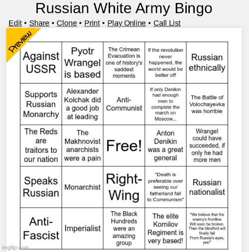 Russian White Army Bingo | image tagged in russian white army bingo,white army | made w/ Imgflip meme maker