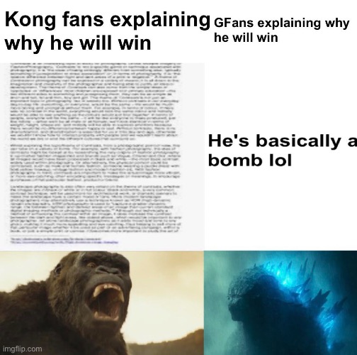 I can imagine how Kong fans reacted when Godzilla kicked kongs ass | image tagged in godzilla,godzilla vs kong,atomic bomb | made w/ Imgflip meme maker