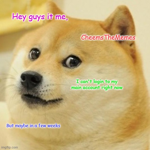 Its me cheemsthememes! | Hey guys it me, CheemsTheMemes; I can't login to my main account right now; But maybe in a few weeks | image tagged in memes,doge | made w/ Imgflip meme maker