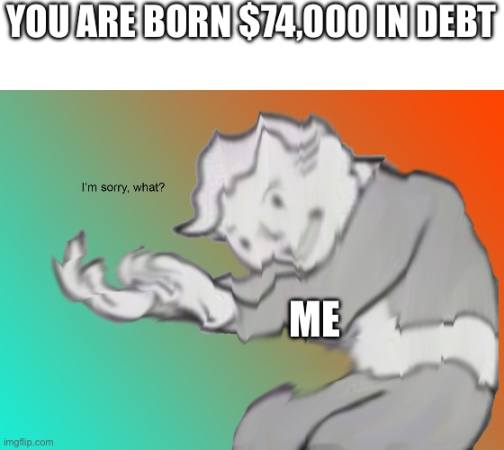 I'm sorry what? | YOU ARE BORN $74,000 IN DEBT; ME | image tagged in i'm sorry what | made w/ Imgflip meme maker