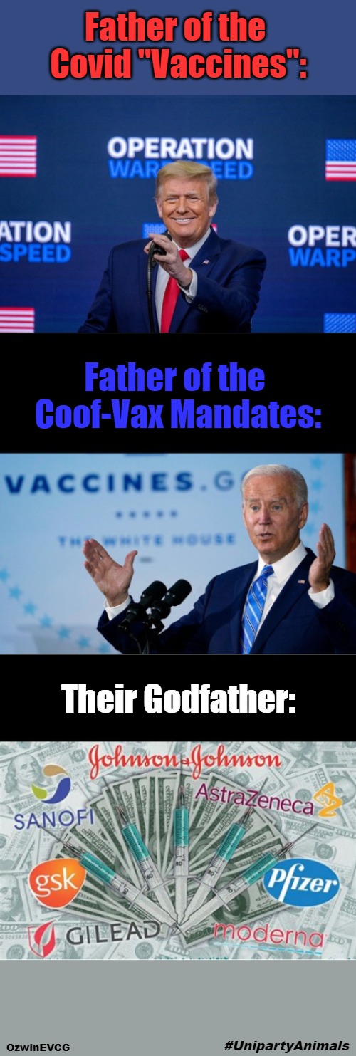 #UnipartyAnimals | Father of the 

Covid "Vaccines":; Father of the 

Coof-Vax Mandates:; Their Godfather:; #UnipartyAnimals; OzwinEVCG | image tagged in covid vaccine,trump vs biden,covid mandates,uniparty animals,big pharma,vote harder | made w/ Imgflip meme maker