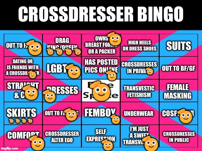 me bingo :3 | 🫡; 🫡🫡🫡🫡; 🫡; 🫡; 🫡; 🫡; 🫡; 🫡; 🫡; 🫡; 🫡🫡🫡🫡; 🫡; 🫡; 🫡; 🫡; 🫡; 🫡 | image tagged in crossdresser bingo | made w/ Imgflip meme maker