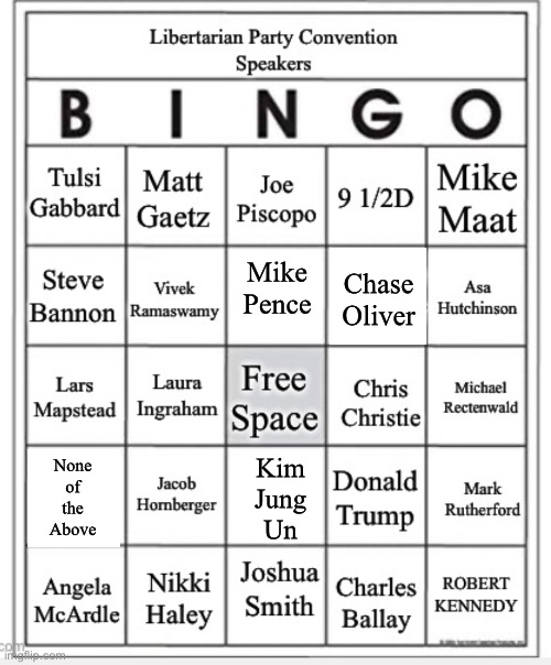 Libertarian Convention Bingo | Mike
Pence; Chase
Oliver; Kim
Jung
Un; None
of
the
Above | image tagged in libertarian,bingo | made w/ Imgflip meme maker