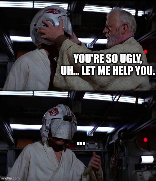 Helpful Ben. | YOU'RE SO UGLY, UH... LET ME HELP YOU. ... | image tagged in obi-wan blinds luke,ugly face | made w/ Imgflip meme maker