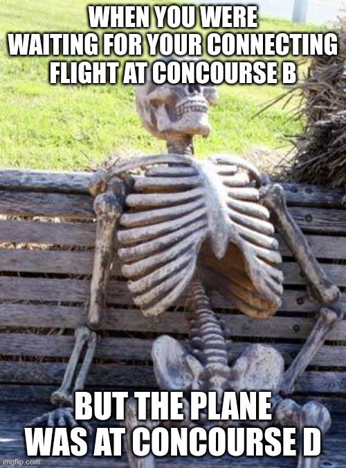 conncourse | WHEN YOU WERE WAITING FOR YOUR CONNECTING FLIGHT AT CONCOURSE B; BUT THE PLANE WAS AT CONCOURSE D | image tagged in memes,waiting skeleton | made w/ Imgflip meme maker