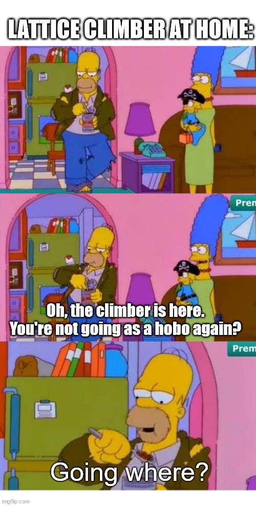 pro climber at home | LATTICE CLIMBER AT HOME:; Oh, the climber is here. You're not going as a hobo again? Going where? | image tagged in pro climber,germany,lattice climbing,the simpsons,meme,memes | made w/ Imgflip meme maker