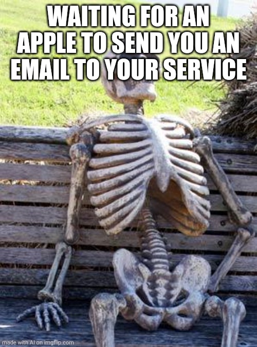 I don't understand imgflip ai ._. | WAITING FOR AN APPLE TO SEND YOU AN EMAIL TO YOUR SERVICE | image tagged in memes,waiting skeleton | made w/ Imgflip meme maker
