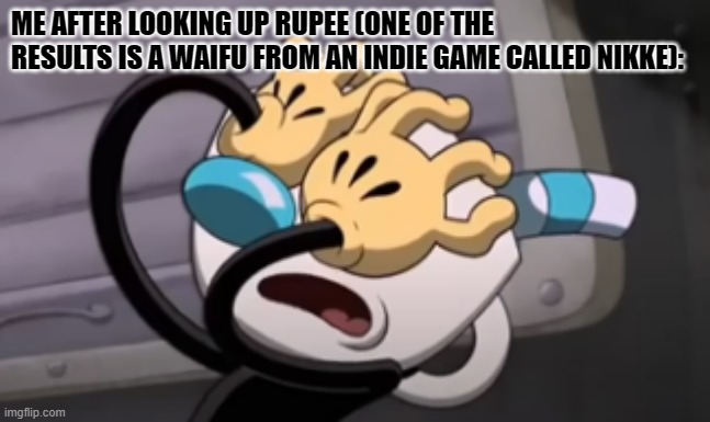 Please don't look it up | ME AFTER LOOKING UP RUPEE (ONE OF THE RESULTS IS A WAIFU FROM AN INDIE GAME CALLED NIKKE): | made w/ Imgflip meme maker