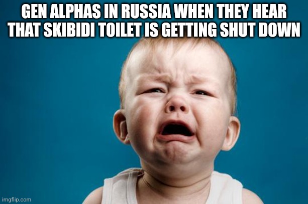 BABY CRYING | GEN ALPHAS IN RUSSIA WHEN THEY HEAR THAT SKIBIDI TOILET IS GETTING SHUT DOWN | image tagged in baby crying,gen alpha,skibidi toilet,oh no cringe,russia | made w/ Imgflip meme maker