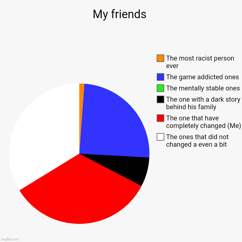 You have no idea what happened to one of my friends mom | My friends | The ones that did not changed a even a bit, The one that have completely changed (Me), The one with a dark story behind his fam | image tagged in charts,pie charts | made w/ Imgflip chart maker