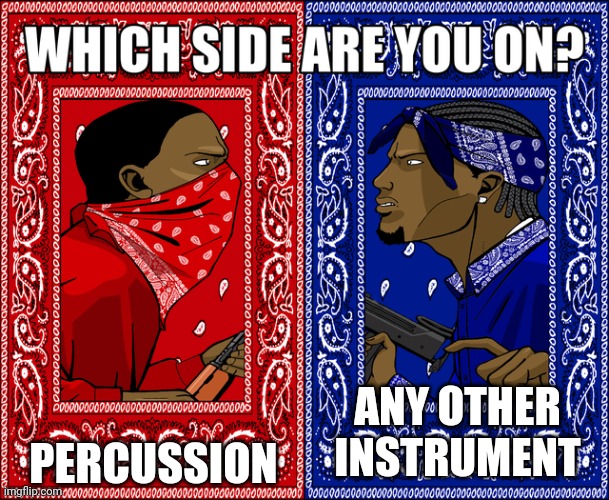 Percussion personally | PERCUSSION; ANY OTHER INSTRUMENT | image tagged in which side are you on | made w/ Imgflip meme maker