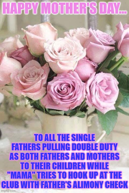 Father's Day is not for Mothers | HAPPY MOTHER'S DAY... TO ALL THE SINGLE FATHERS PULLING DOUBLE DUTY AS BOTH FATHERS AND MOTHERS TO THEIR CHILDREN WHILE "MAMA" TRIES TO HOOK UP AT THE CLUB WITH FATHER'S ALIMONY CHECK | image tagged in mother's day,father's day,other days | made w/ Imgflip meme maker