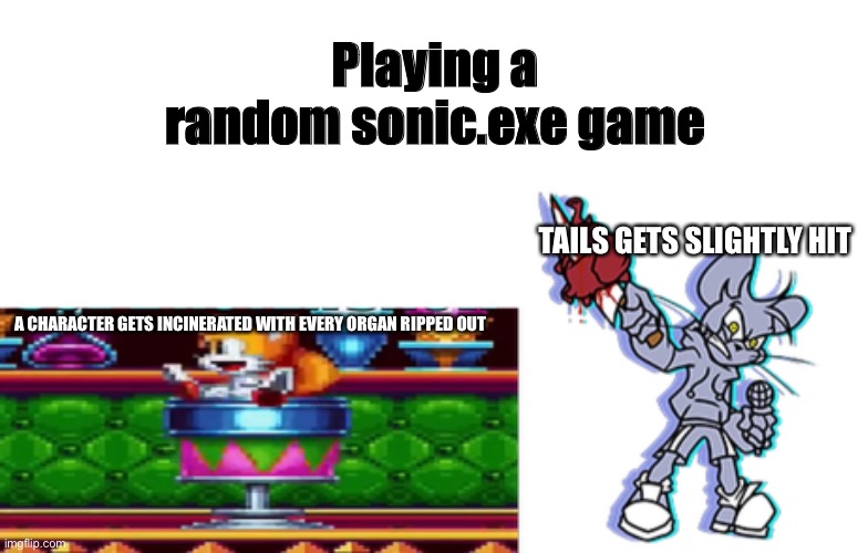 *sonic gets pierced through in the head* me: meh *tails barely just dies* me: NIG- | Playing a random sonic.exe game; TAILS GETS SLIGHTLY HIT; A CHARACTER GETS INCINERATED WITH EVERY ORGAN RIPPED OUT | made w/ Imgflip meme maker