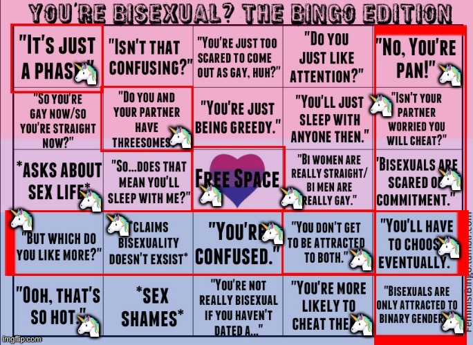 You're bisexual? Bingo. | image tagged in bisexual bingo,bisexual,bi,lgbtq,bingo | made w/ Imgflip meme maker